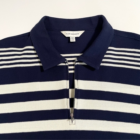 Club Monaco Block Stripe Zip Polo Short Sleeve Cotton Knit Shirt Navy Medium - Picture 12 of 14